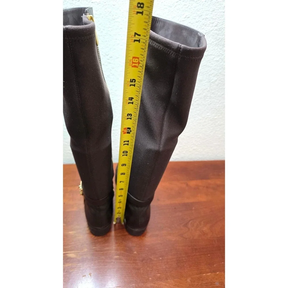 Michael Kors Brown Leather Knee-High Riding Boots Gold Logo Stretch Panels 6.5M